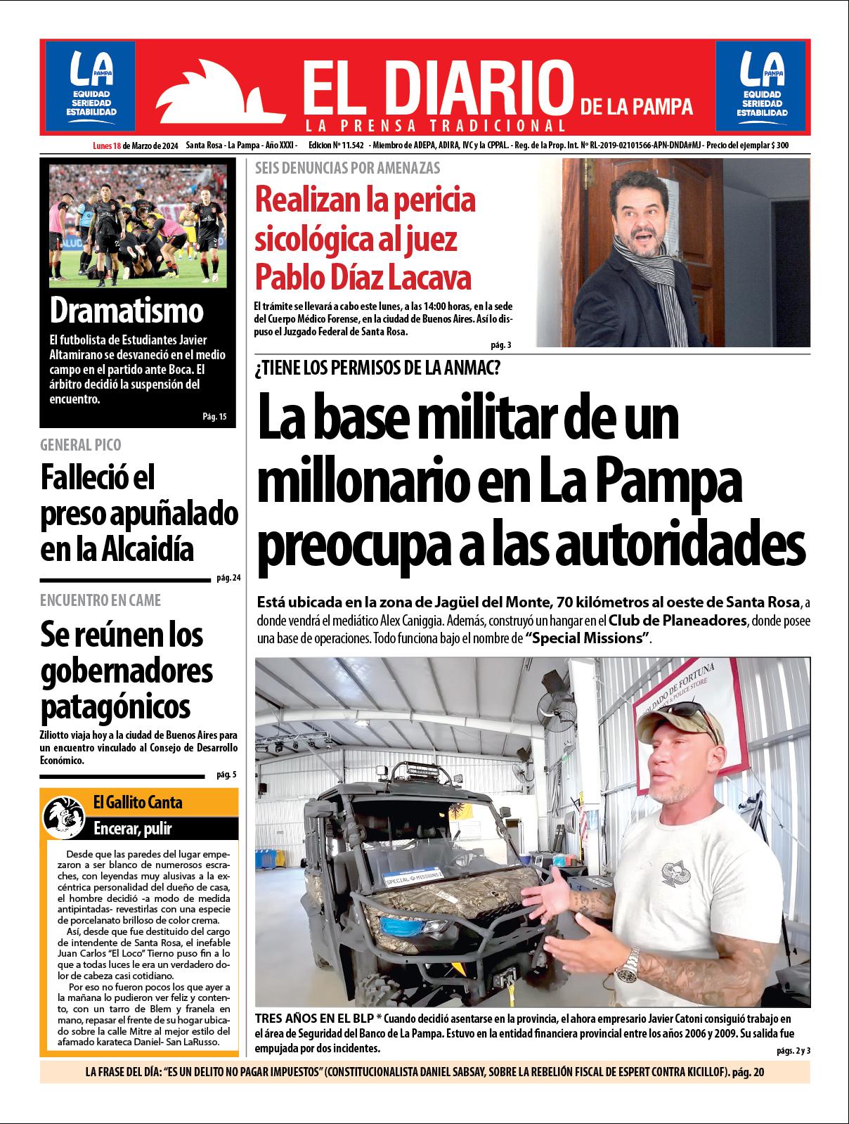 Tapa de El Diario en papel  lunes 18 de marzo de 2024